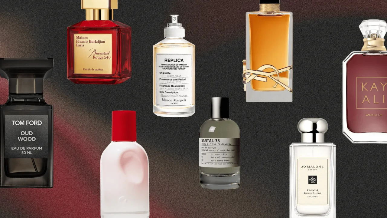 Collage of fall perfume bottles and fragrances for women