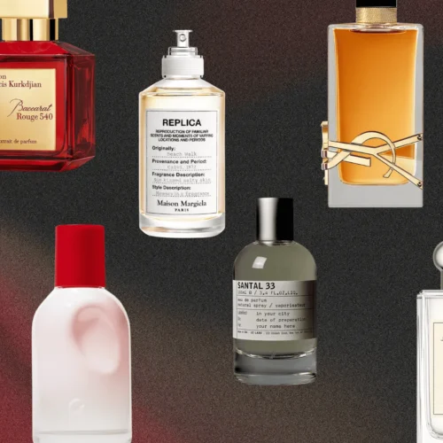 Collage of fall perfume bottles and fragrances for women