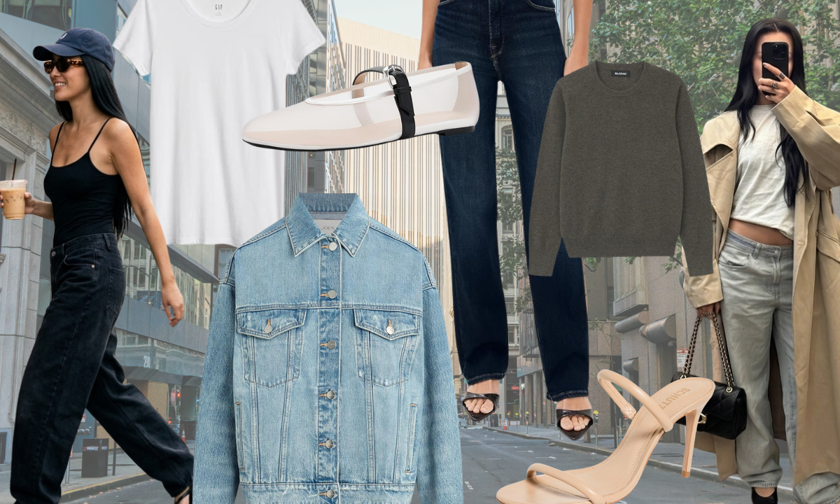collage of clothing and shoes as part of a minimalist capsule wardrobe - white t-shirt, black jeans, nude heels, dark wash denim, trench coat, flats