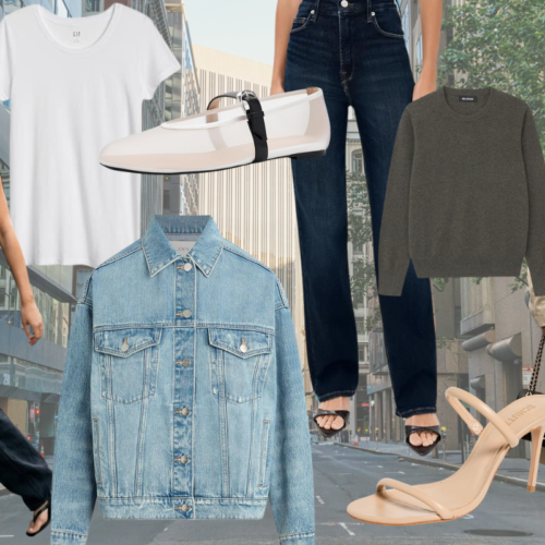 collage of clothing and shoes as part of a minimalist capsule wardrobe - white t-shirt, black jeans, nude heels, dark wash denim, trench coat, flats