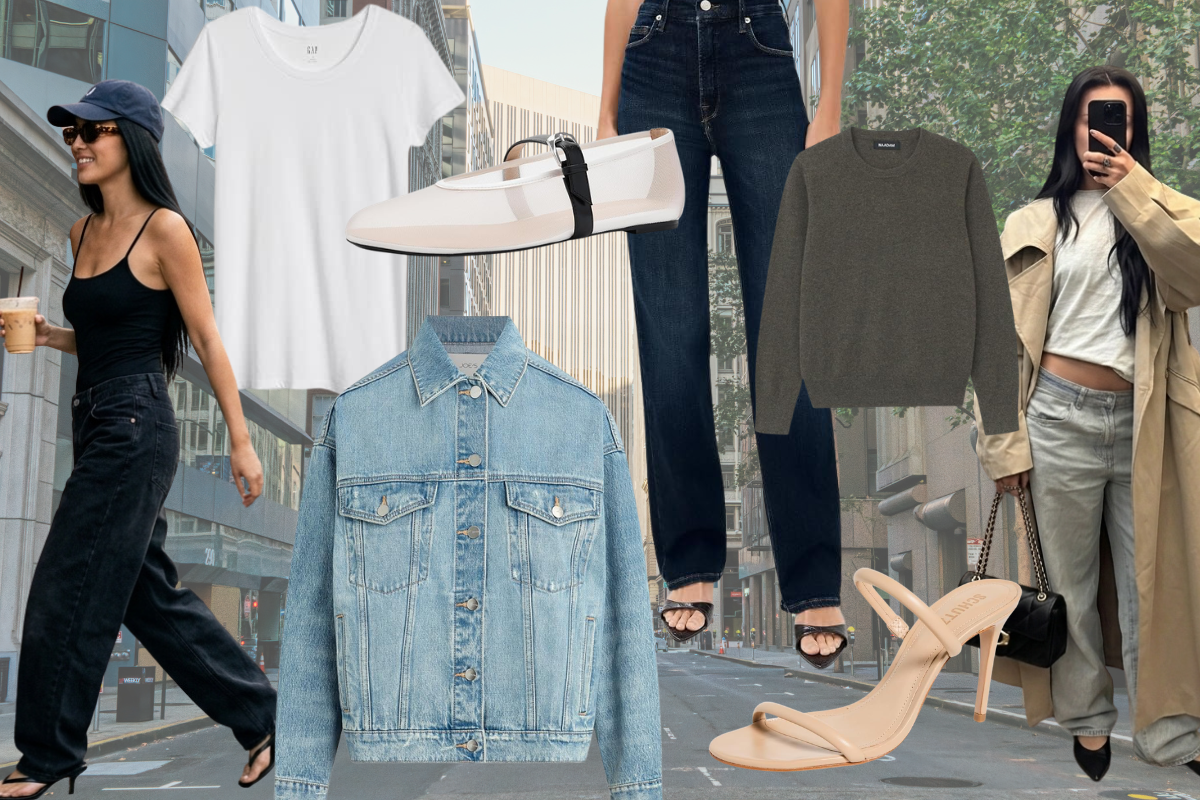 collage of clothing and shoes as part of a minimalist capsule wardrobe - white t-shirt, black jeans, nude heels, dark wash denim, trench coat, flats