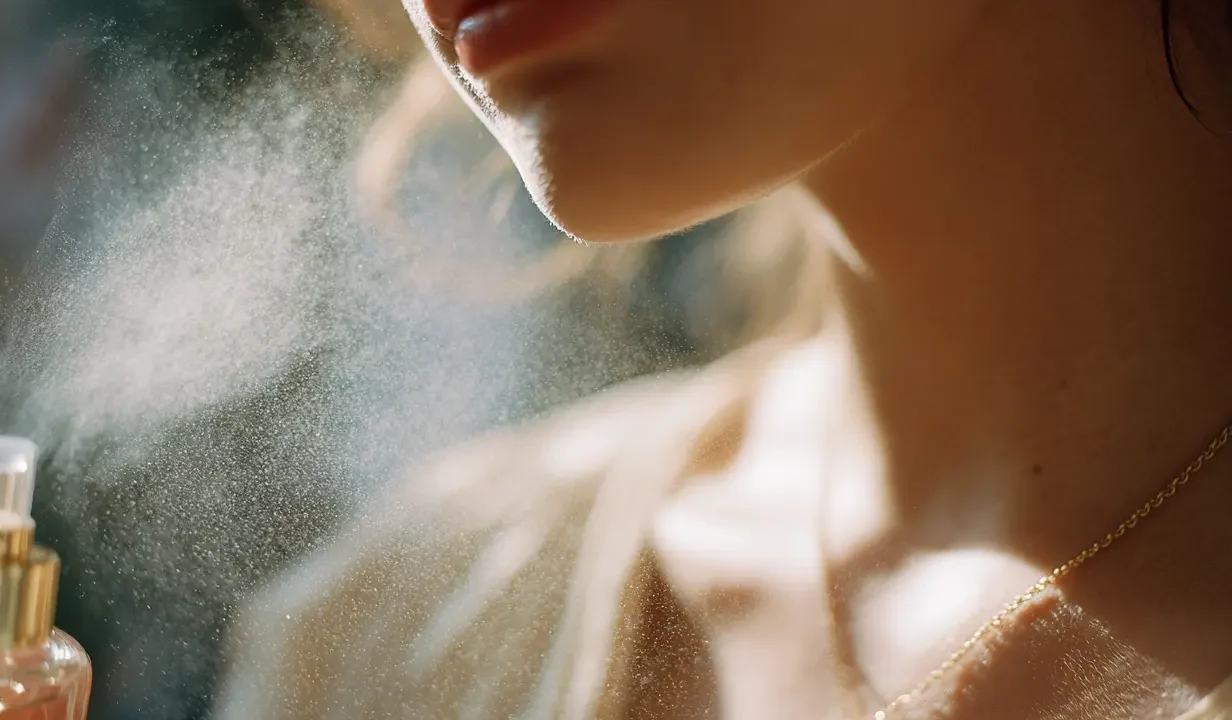woman spraying perfume onto her neck and collarbone areas