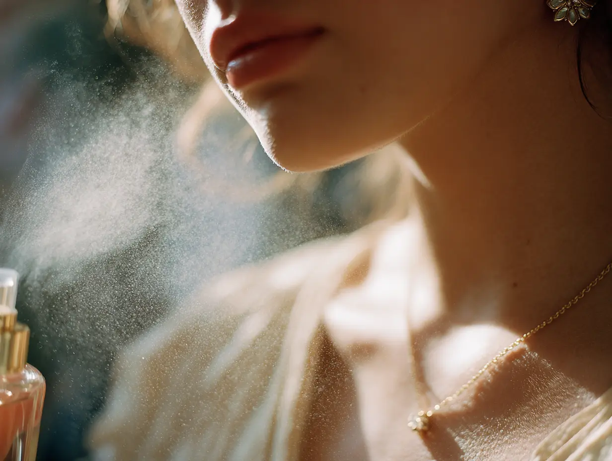 woman spraying perfume onto her neck and collarbone areas