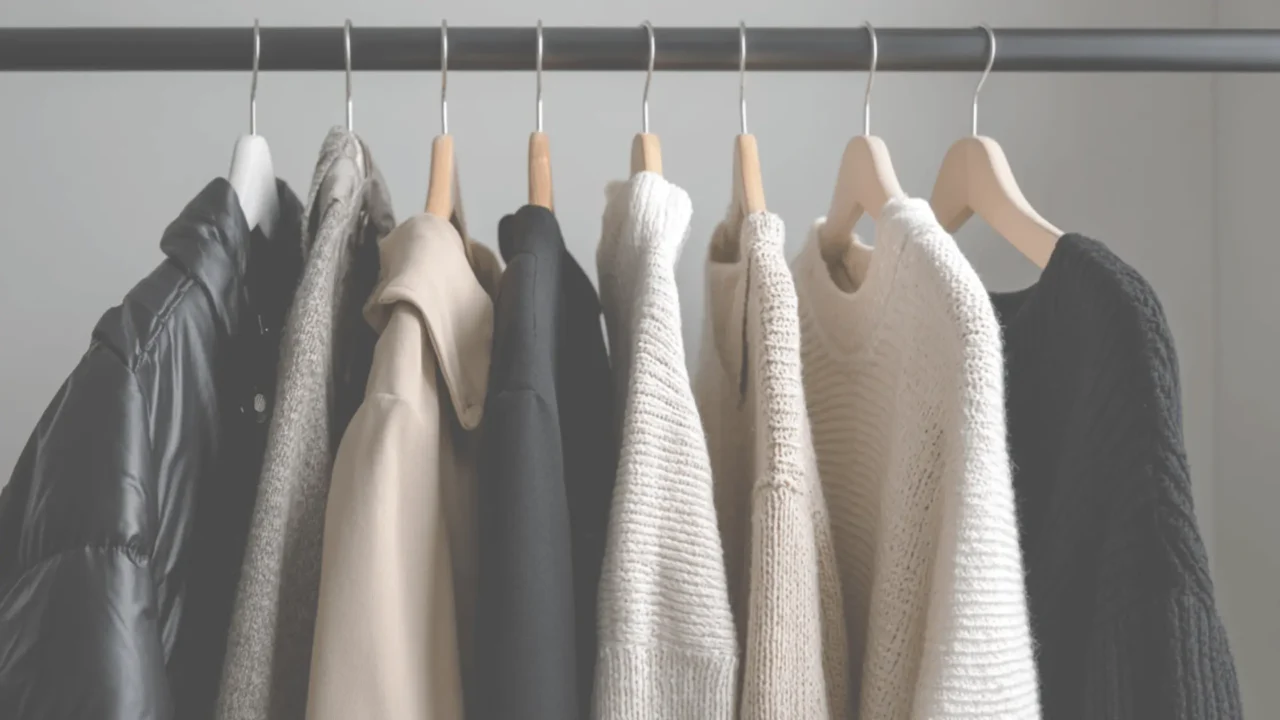 neutral clothing hanging on a rack representing a minimalist wardrobe
