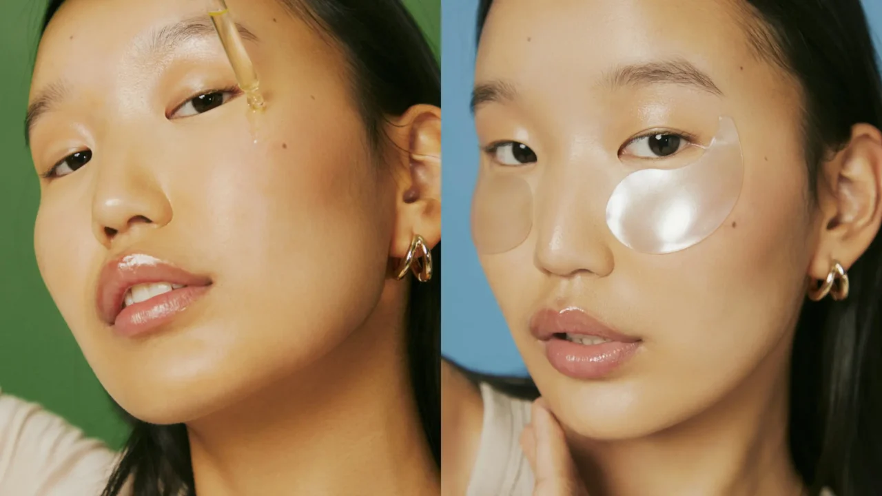 image of Korean woman applying Korean skincare to her face