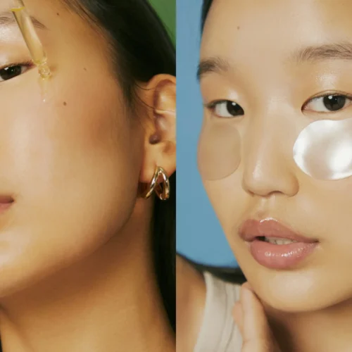 image of Korean woman applying Korean skincare to her face