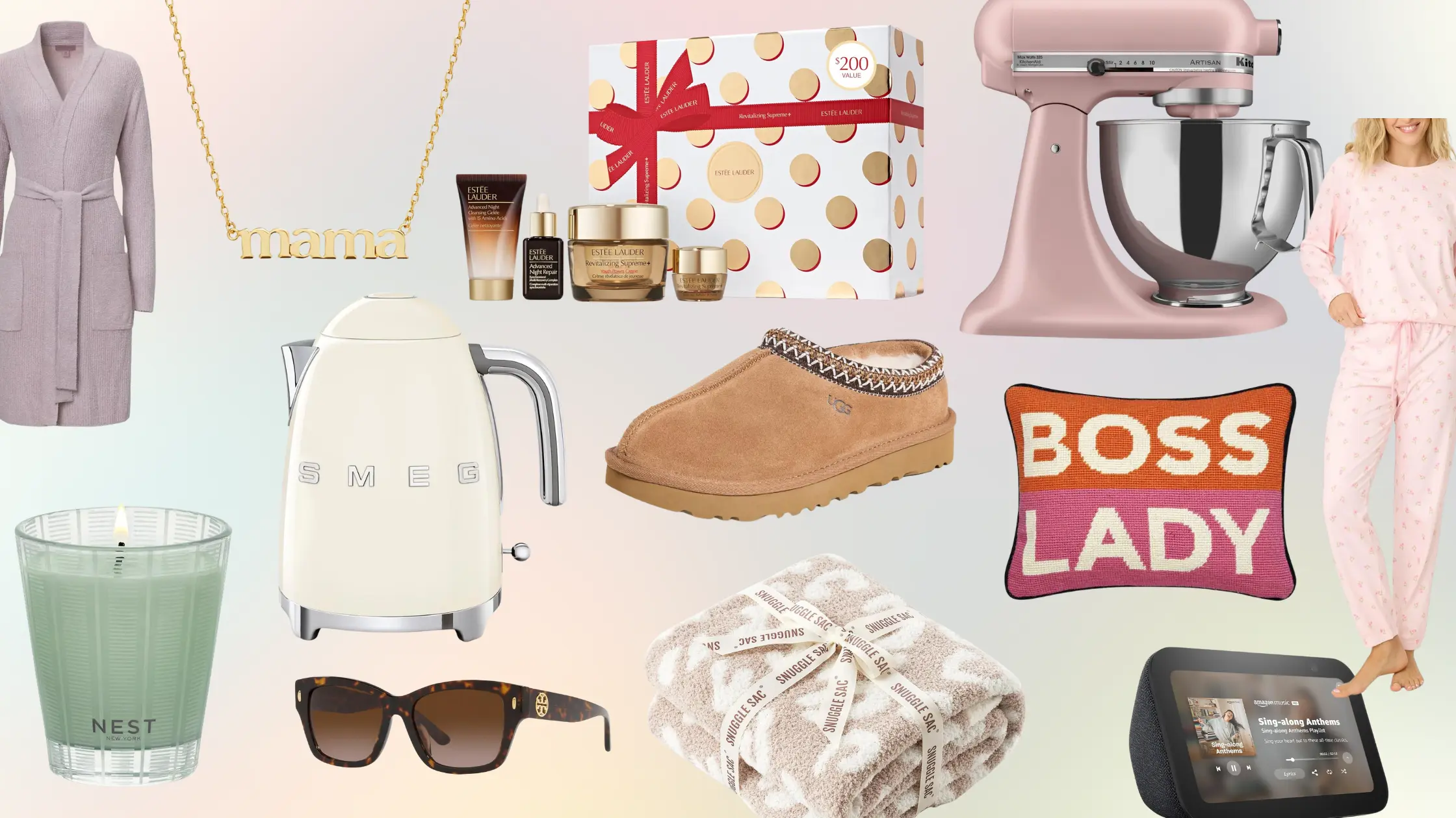 Mother’s Day gift guide collage featuring a soft pink robe, a gold ‘mama’ necklace, an Estée Lauder skincare gift set, a pink KitchenAid stand mixer, pink heart-print pajamas, a white SMEG electric kettle, tan UGG slippers, a ‘Boss Lady’ decorative pillow, a Nest candle, tortoiseshell sunglasses, a cozy neutral throw blanket, and a smart display device, arranged on a pastel gradient background.