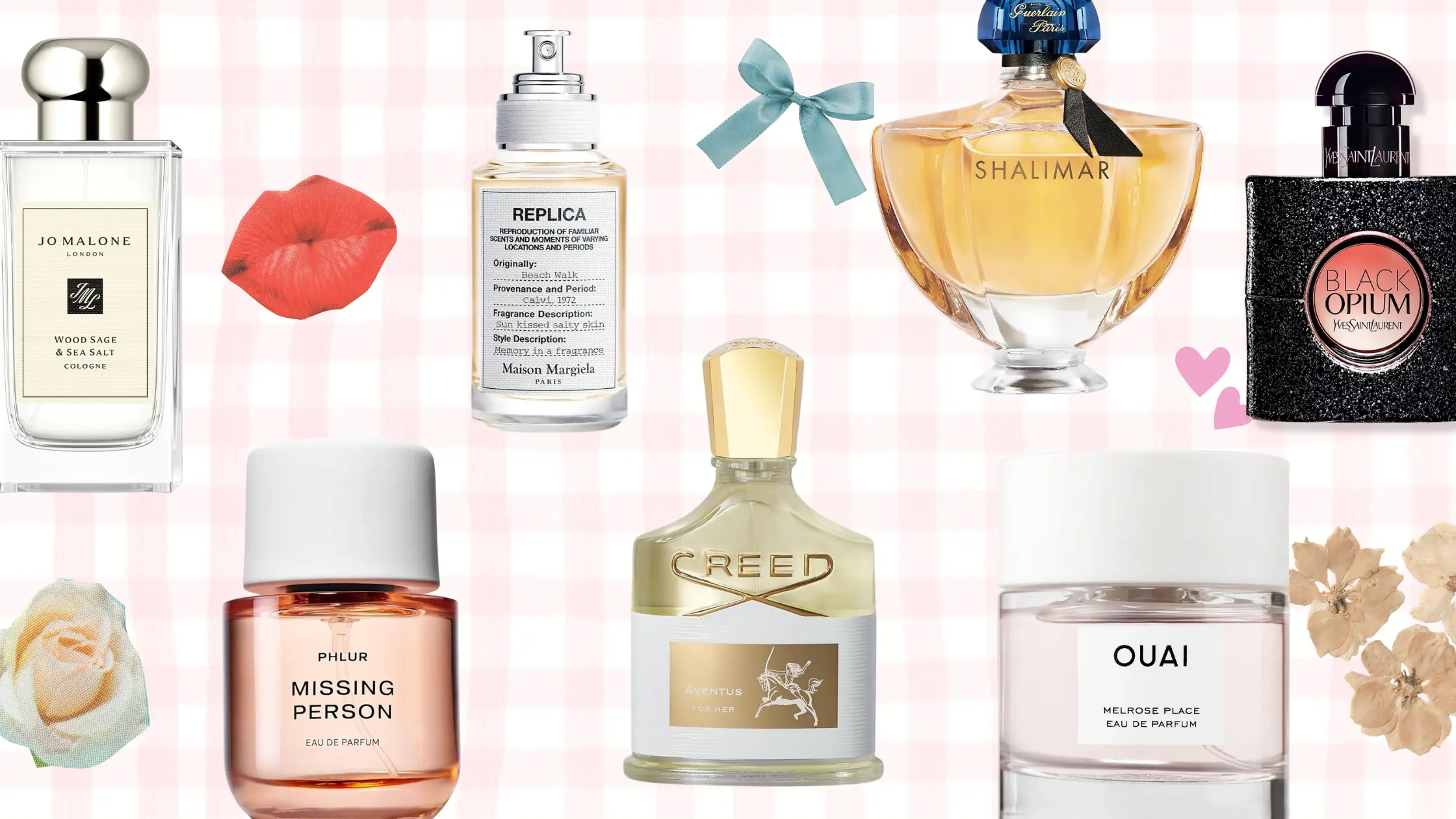 Mother’s Day fragrance gift collage featuring luxury perfume bottles from Jo Malone, Maison Margiela Replica, Guerlain Shalimar, Yves Saint Laurent Black Opium, Phlur Missing Person, Creed Aventus for Her, and Ouai Melrose Place, arranged on a soft pink gingham background with decorative elements like bows, flowers, hearts, and a red lip illustration.