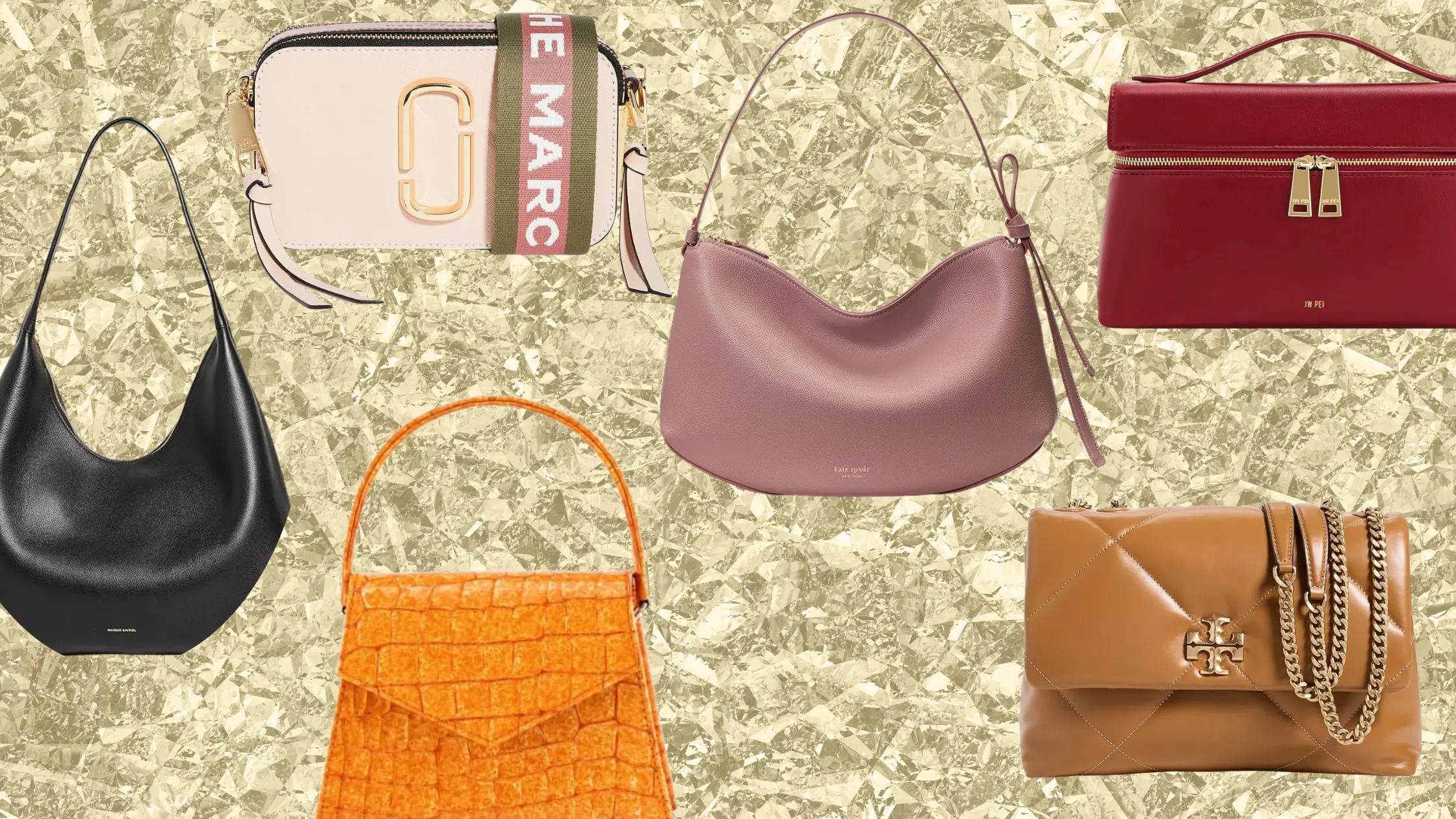 collage of luxury handbags such as Marc Jacobs, Kate Spade, Tory Burch, and Michael Kors