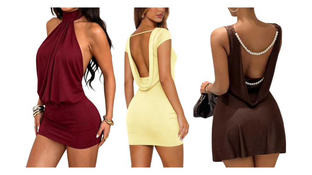 collage of backless club dresses