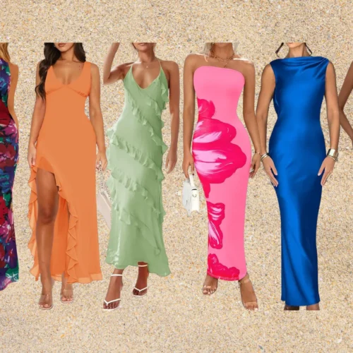 collage of wedding guest dresses for a beach wedding
