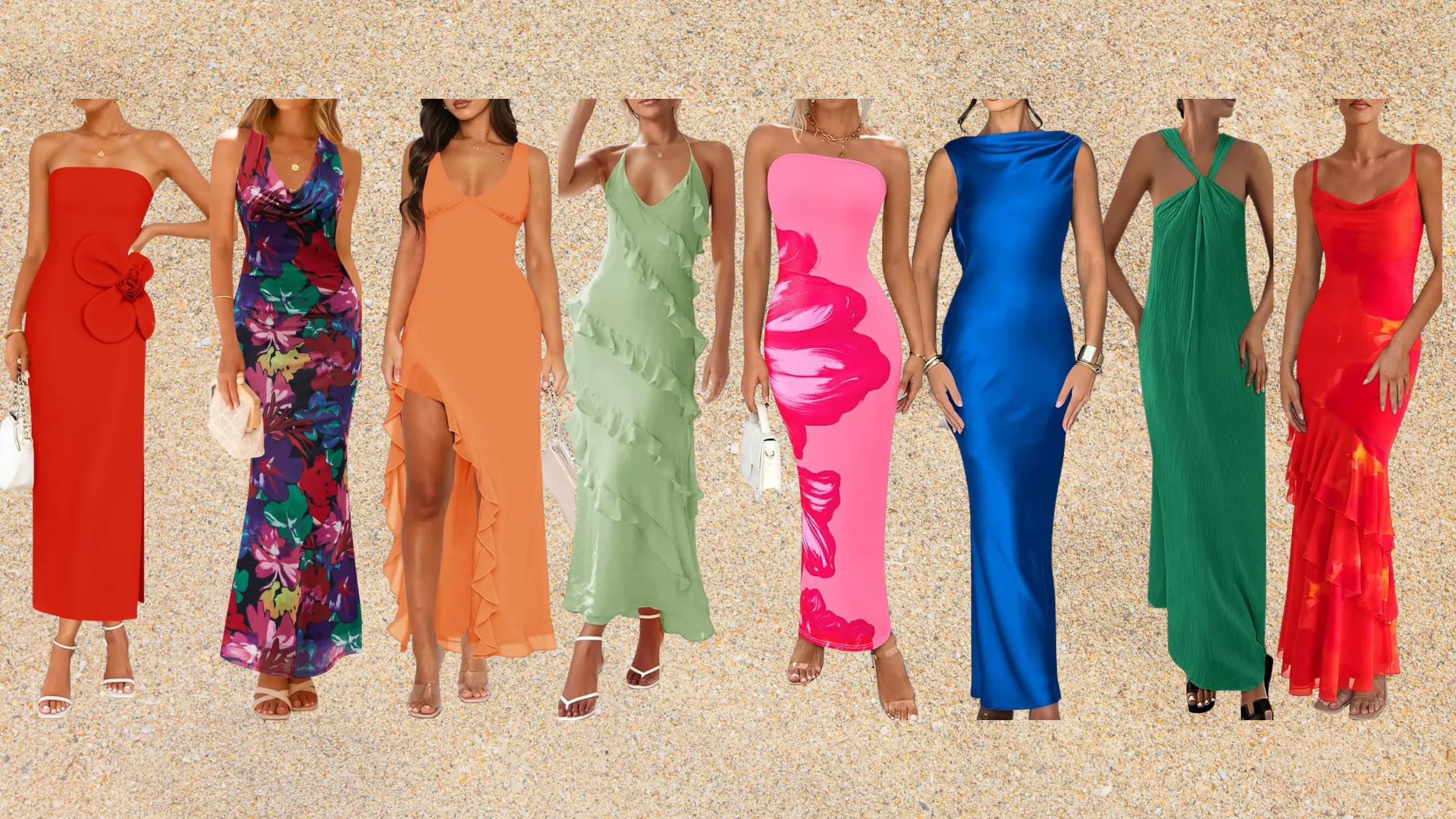 collage of wedding guest dresses for a beach wedding