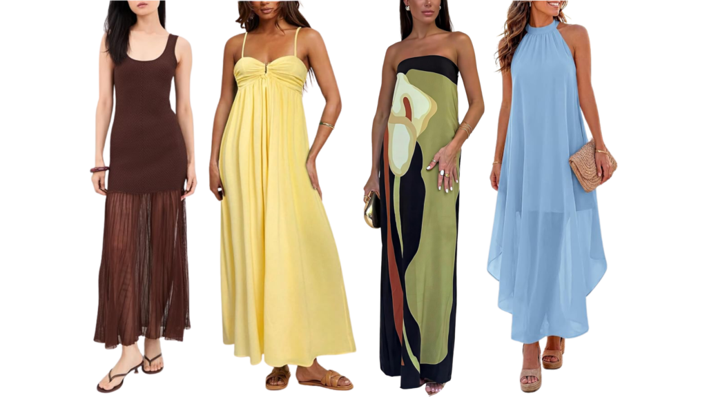collage of flowy wedding guest dresses to wear to beach wedding