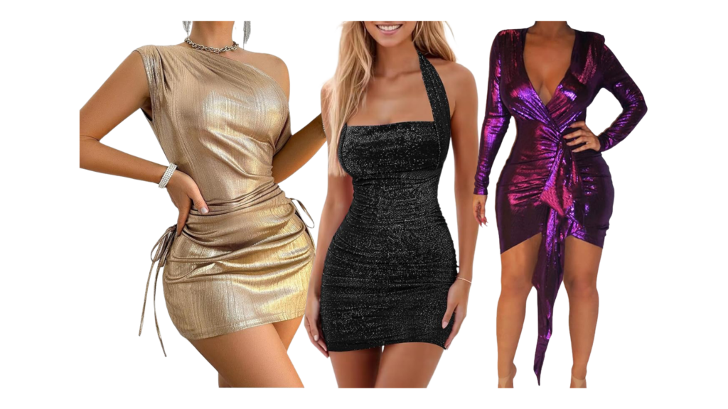 collage of metallic dresses from amazon