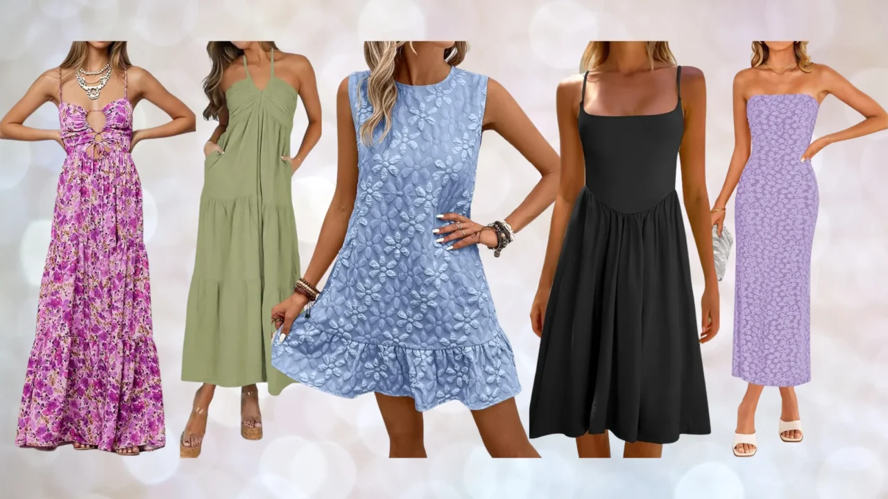collage of casual wedding guest dresses