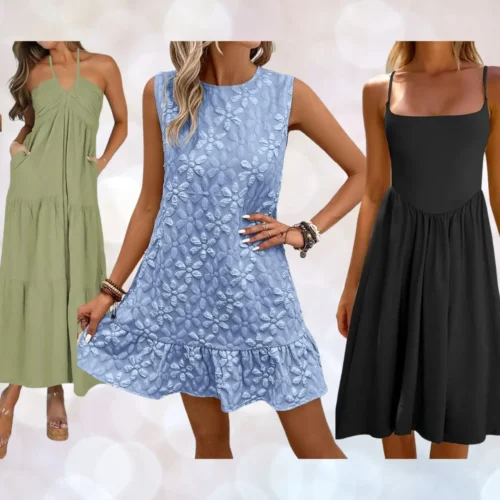 collage of casual wedding guest dresses