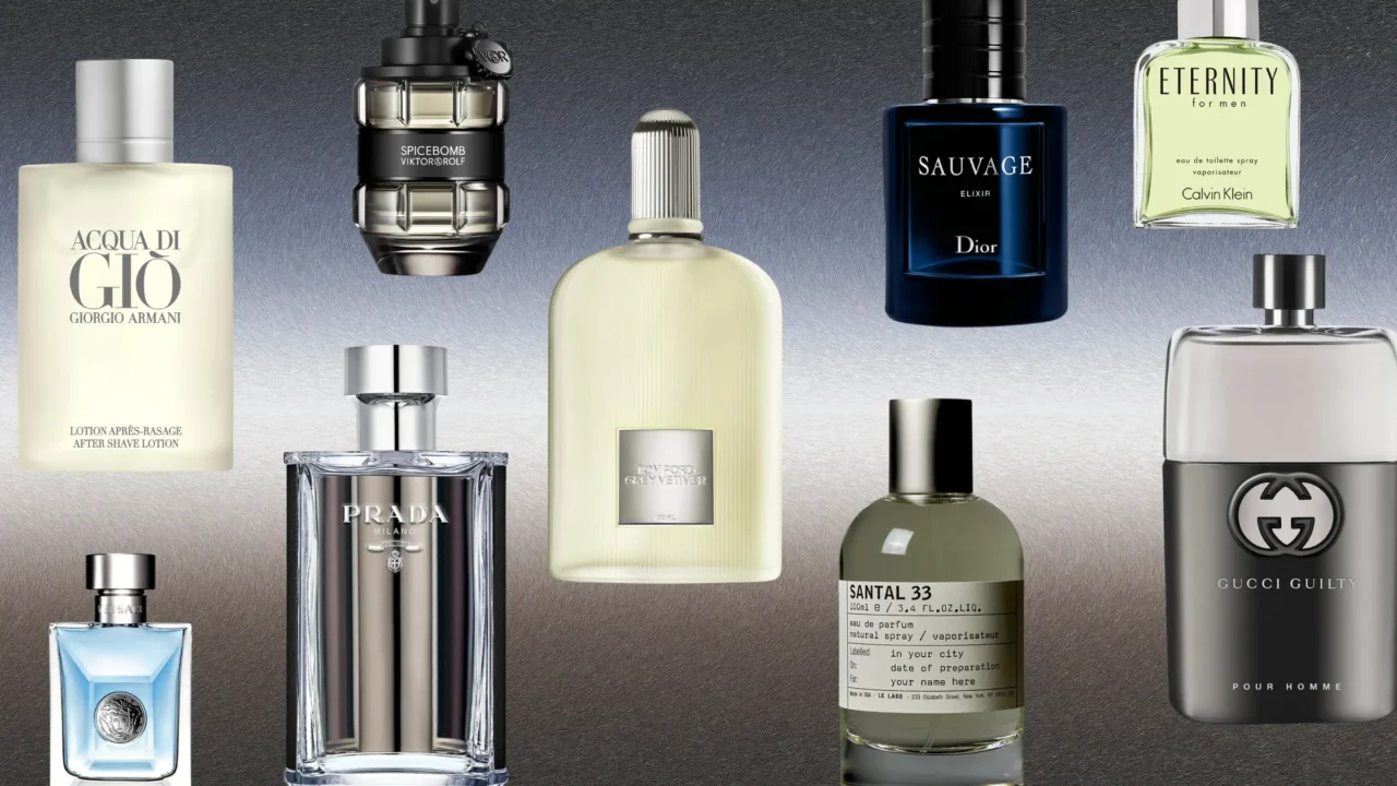 Father’s Day cologne gift guide featuring a curated selection of men’s fragrances, including Giorgio Armani Acqua di Giò, Viktor & Rolf Spicebomb, Tom Ford Grey Vetiver, Dior Sauvage Elixir, Calvin Klein Eternity for Men, Prada Milano, Le Labo Santal 33, Gucci Guilty Pour Homme, and Versace Pour Homme, arranged on a dark gradient background.