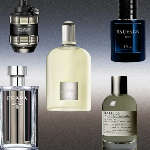 Father’s Day cologne gift guide featuring a curated selection of men’s fragrances, including Giorgio Armani Acqua di Giò, Viktor & Rolf Spicebomb, Tom Ford Grey Vetiver, Dior Sauvage Elixir, Calvin Klein Eternity for Men, Prada Milano, Le Labo Santal 33, Gucci Guilty Pour Homme, and Versace Pour Homme, arranged on a dark gradient background.
