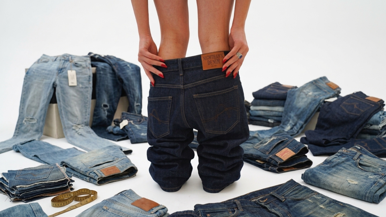 image of woman pulling up denim jeans and other jeans laying around her