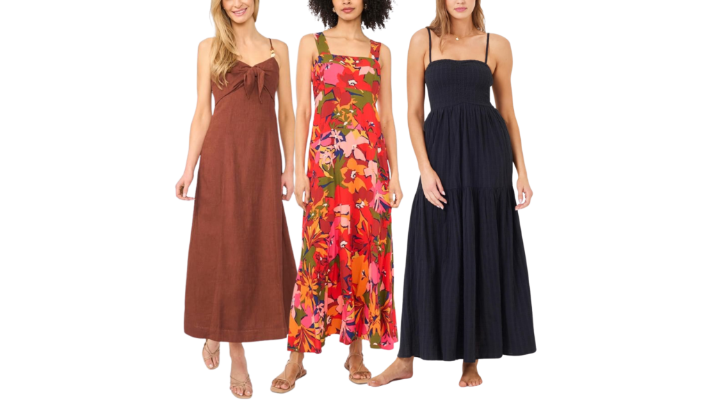 collage of maxi dresses to wear to casual wedding