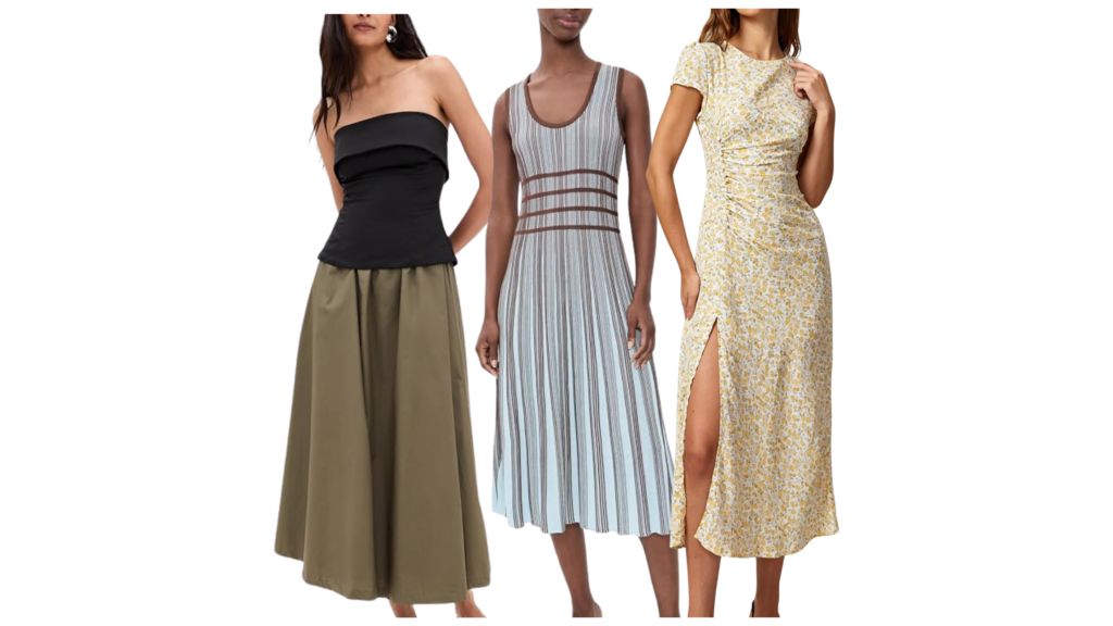 collage of midi dresses for casual wedding guest