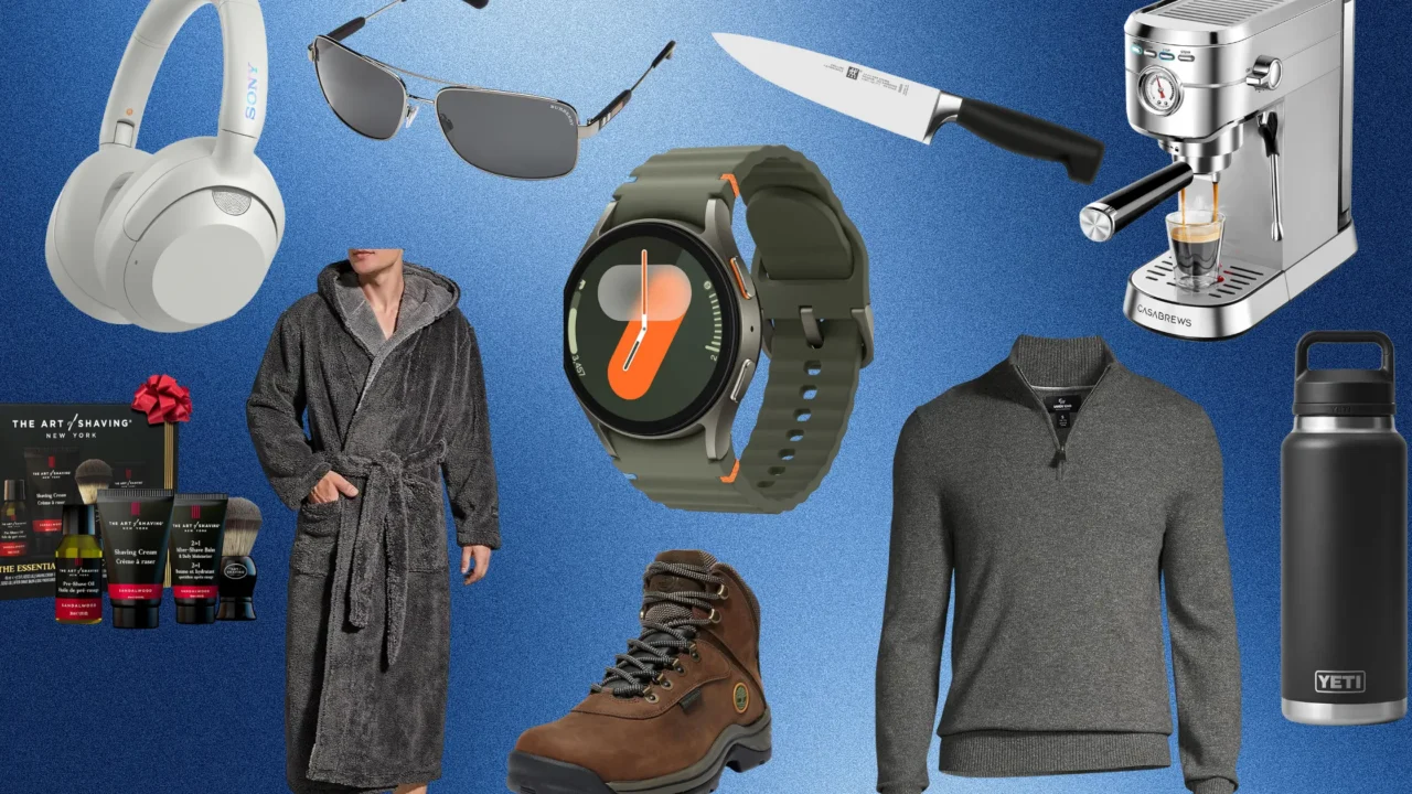 Father’s Day gift guide collage featuring white Sony over-ear headphones, aviator sunglasses, a chef’s knife, a stainless steel espresso machine, a men’s grooming gift set, a gray bathrobe, a rugged smartwatch with a green band, brown hiking boots, a gray quarter-zip sweater, and a black YETI water bottle, arranged on a textured blue background.