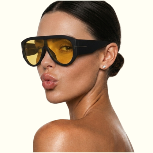 image of woman wearing bol around sunglasses with her slicked back and making a kissy face