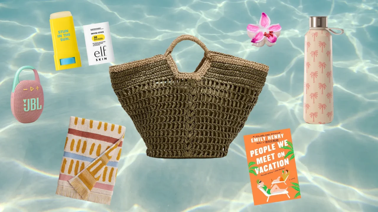 collage of beach bag essentials such as sunscreen, beach tote, beach blanket, flower clip and more