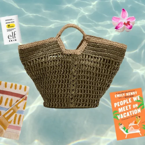 collage of beach bag essentials such as sunscreen, beach tote, beach blanket, flower clip and more