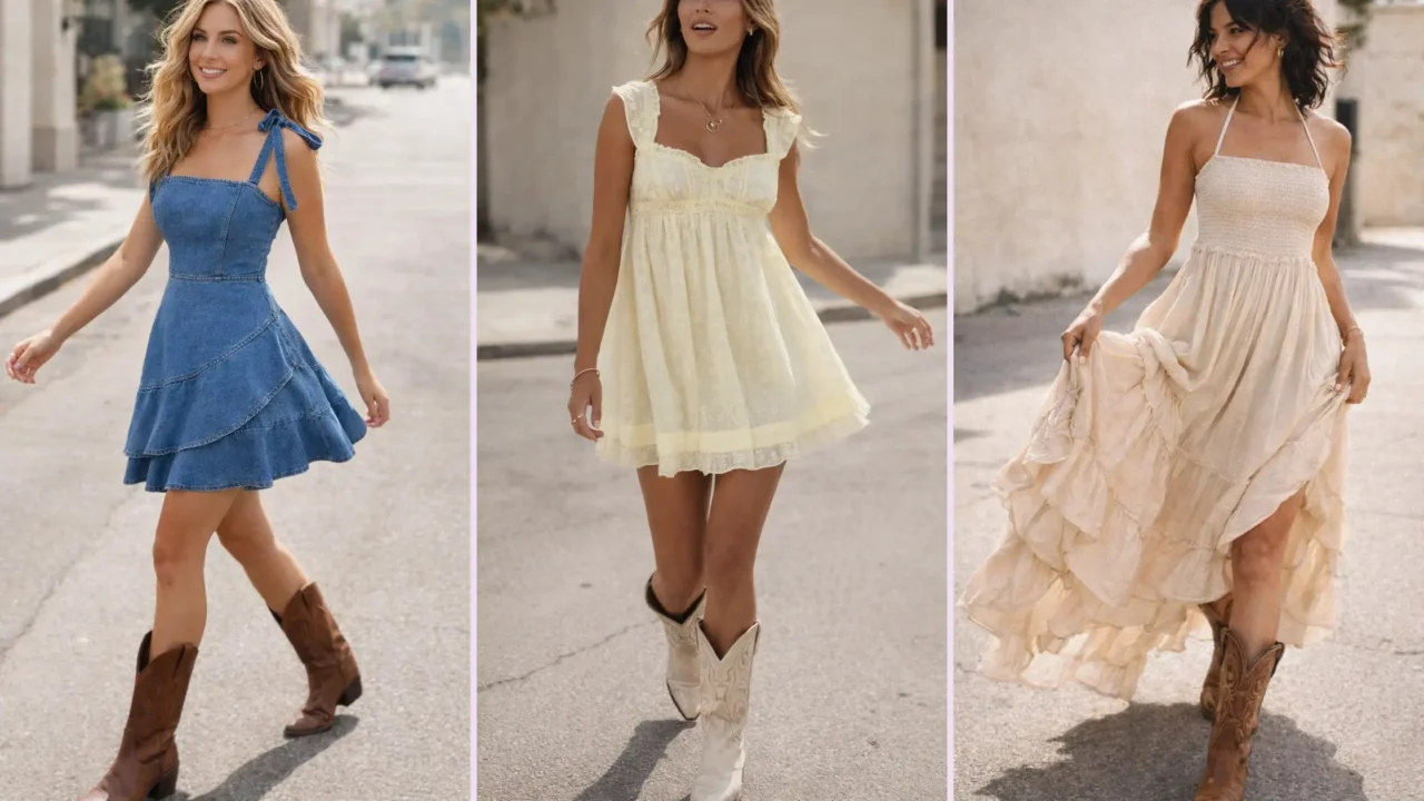 collage of women wearing cute cowboy boots and dresses