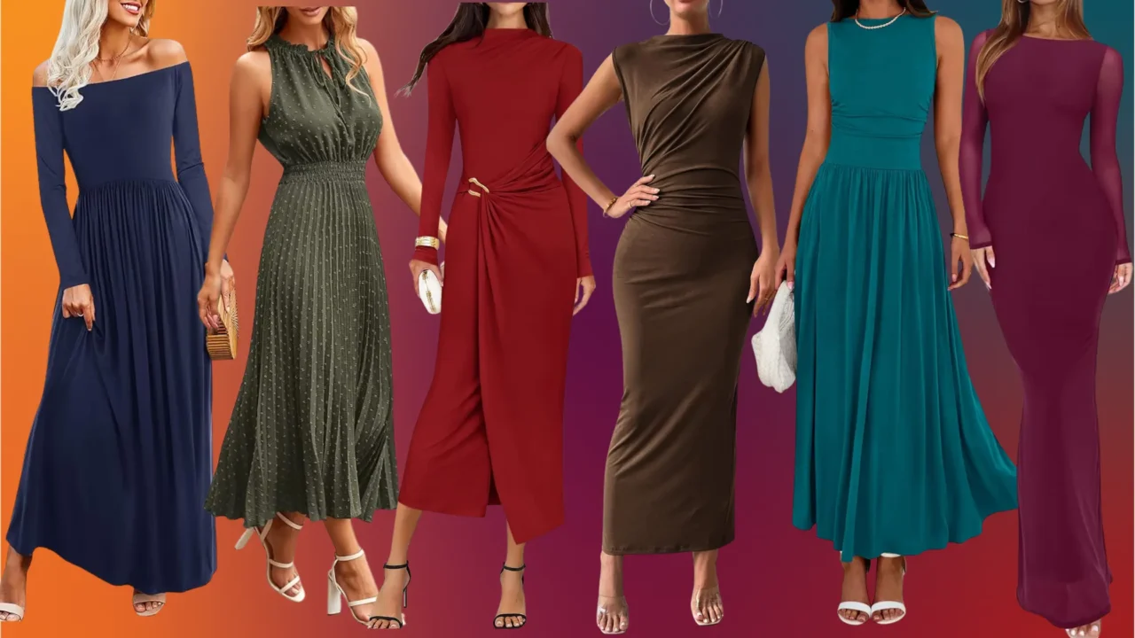 collage of women's fall wedding guest dresses