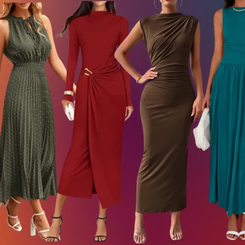 collage of women's fall wedding guest dresses