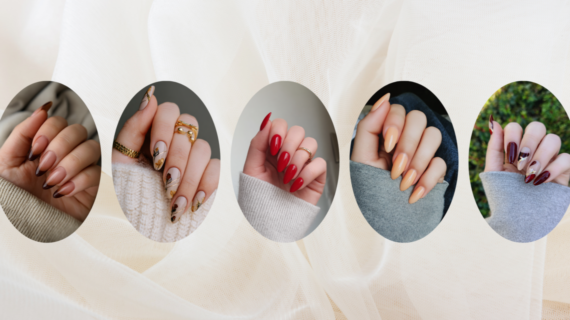 collage of Fall Almond Nail Inspo