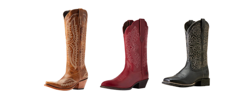 collage of Ariat Cowboy boots affordable - tan pair, red pair, and black pair 