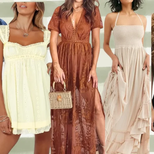 collage of women wearing dresses that pair well with cowboy boots