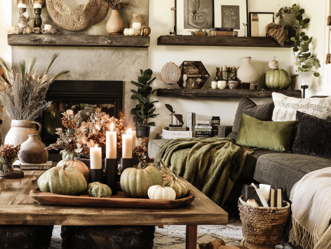 photo of a living room decorated for fall with olive green, neutral color palette.