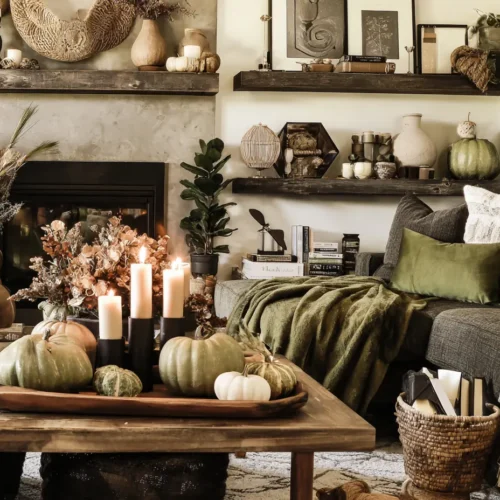 photo of a living room decorated for fall with olive green, neutral color palette.
