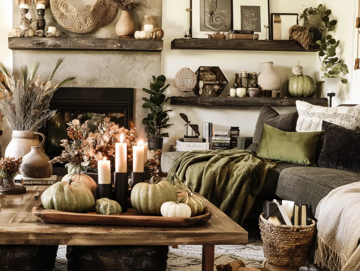 photo of a living room decorated for fall with olive green, neutral color palette.