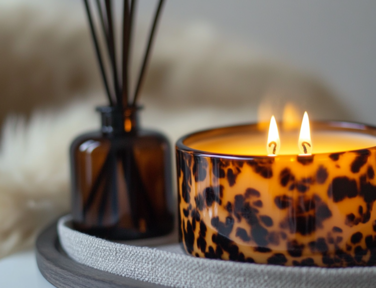 fall candle sitting on coffee table on tray with diffuser. fluffy blanket in the background