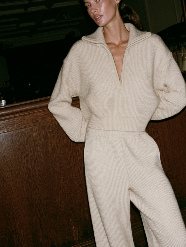 woman in coffee shop wearing knit matching set