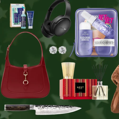 Collage of best Christmas gifts like Ugg Blanket, cozy slippers, Gucci dupe handbag, Kendra Scott necklace and more