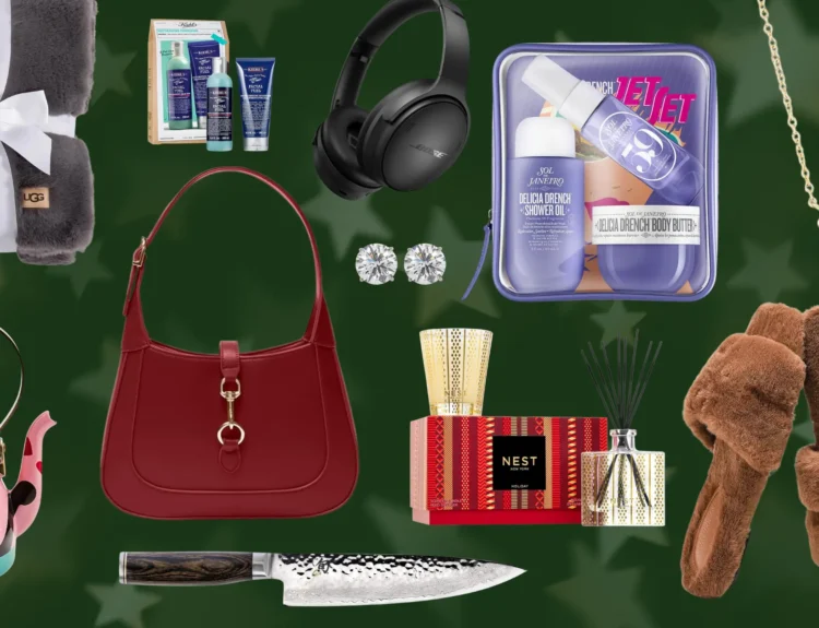 Collage of best Christmas gifts like Ugg Blanket, cozy slippers, Gucci dupe handbag, Kendra Scott necklace and more