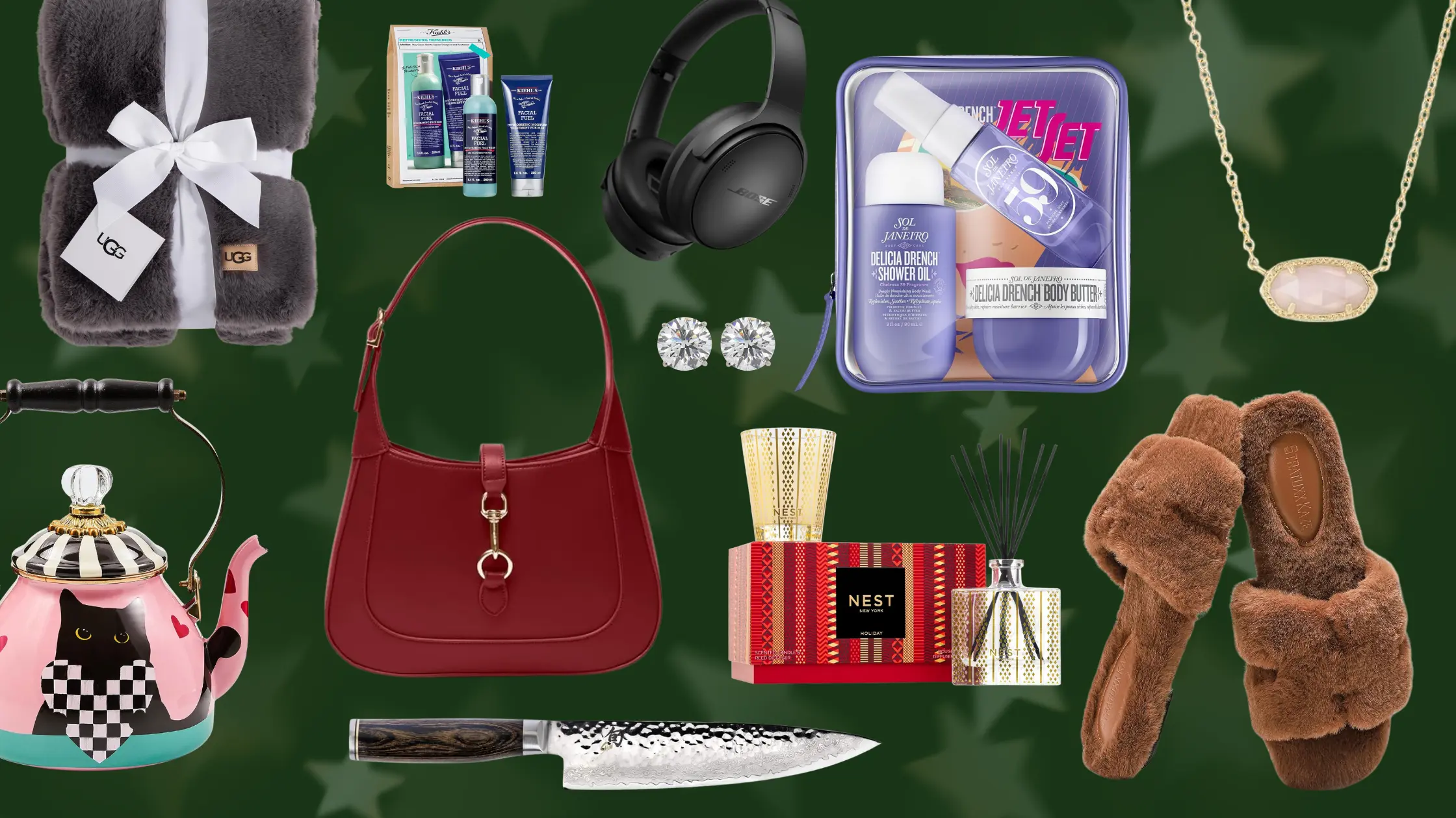 Collage of best Christmas gifts like Ugg Blanket, cozy slippers, Gucci dupe handbag, Kendra Scott necklace and more
