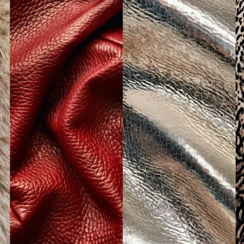 close up photo collage of winter textures and colors such as metallics, reds, animal print, and faux fur