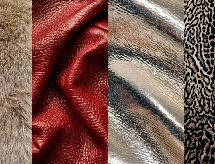 close up photo collage of winter textures and colors such as metallics, reds, animal print, and faux fur