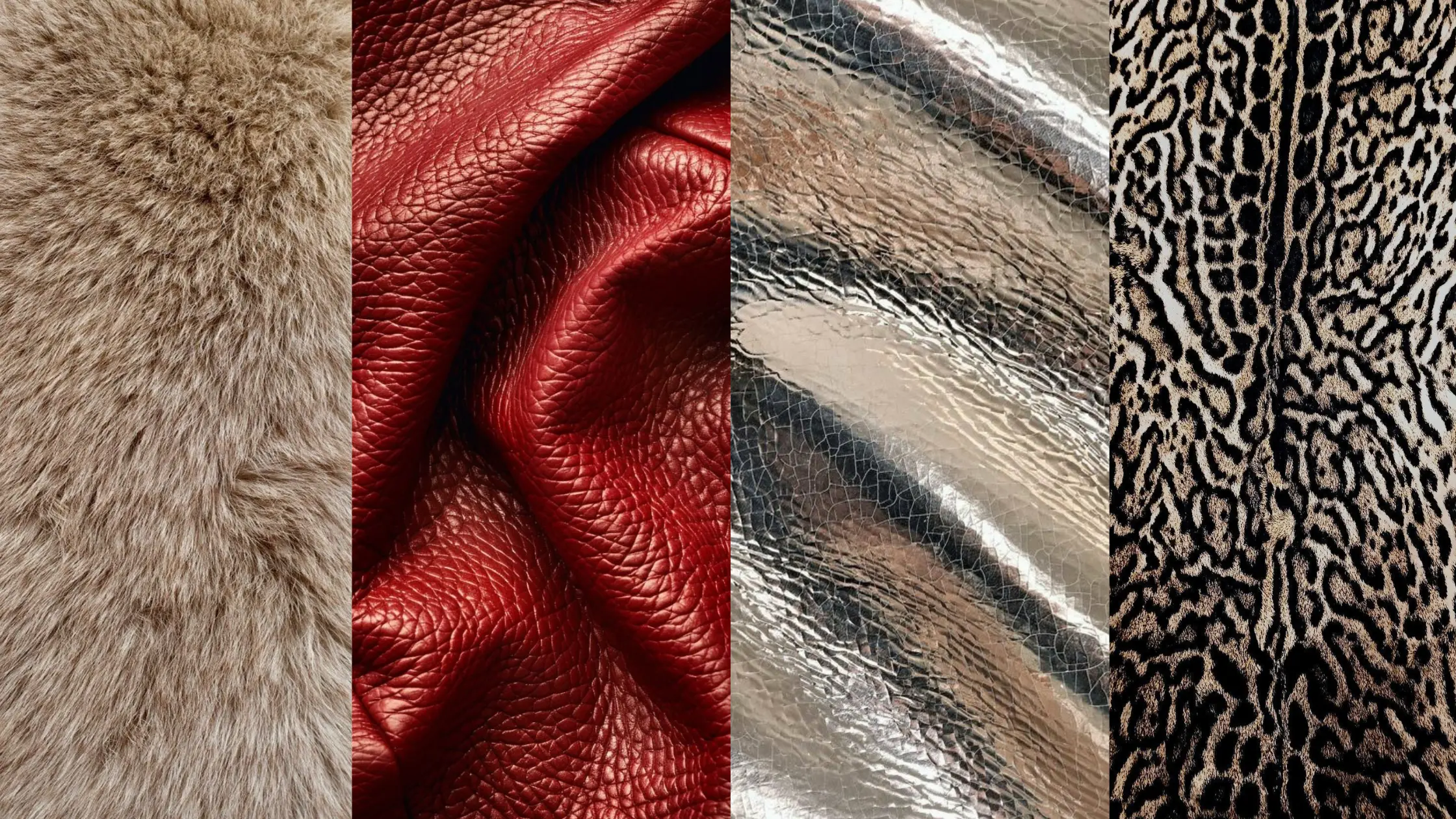 close up photo collage of winter textures and colors such as metallics, reds, animal print, and faux fur
